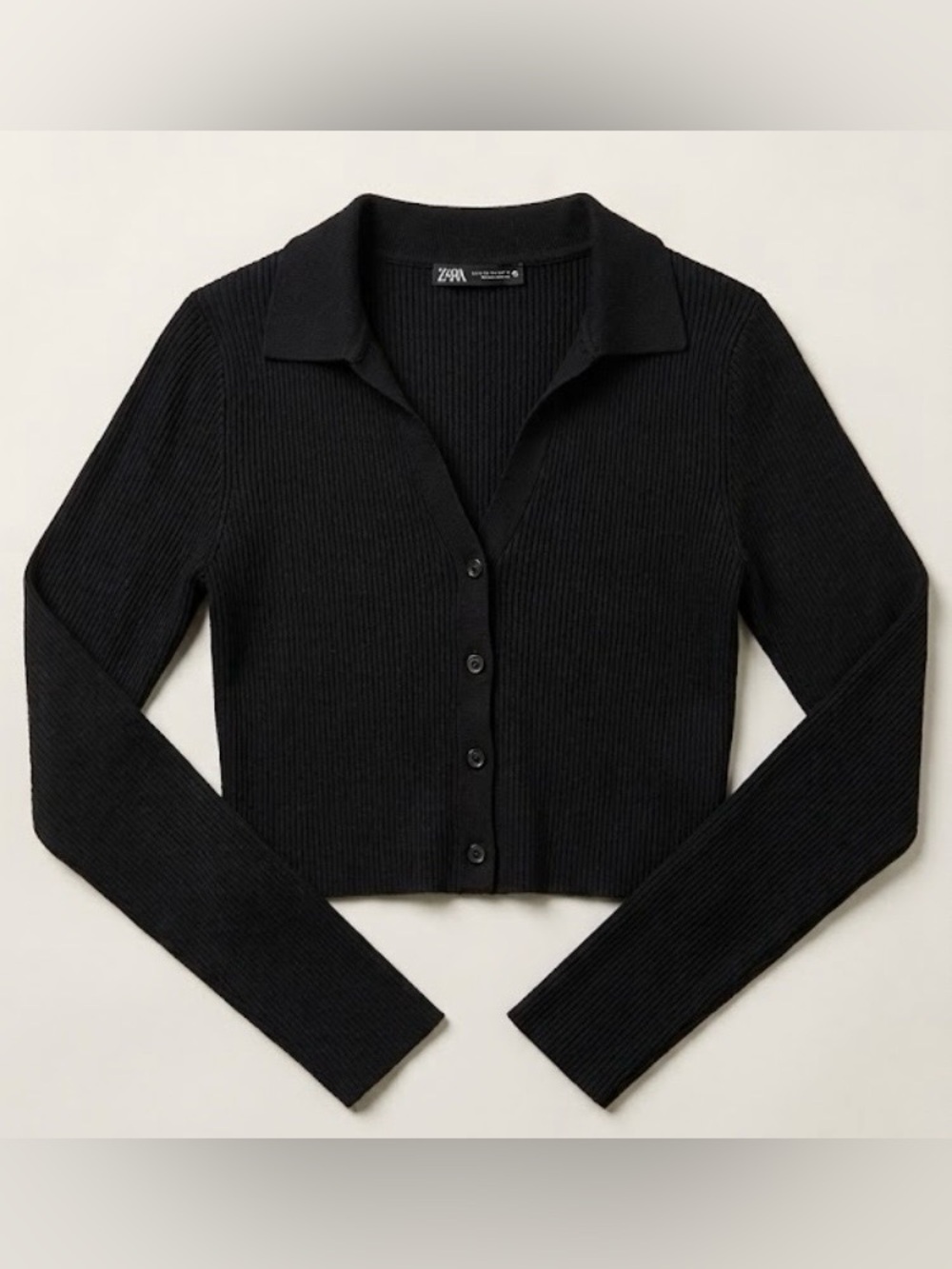 Zara Black Ribbed Knit Long Sleeve Cropped Polo Top Women’s L Minimalist Basic